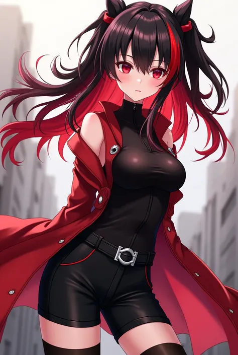 Anime girl with red and black hair and red eyes with thin lip and with her hair down and wear black short pan and wear black and red top with collar and no smile and not wear long sleeves and no gloves and no jacket and hero style