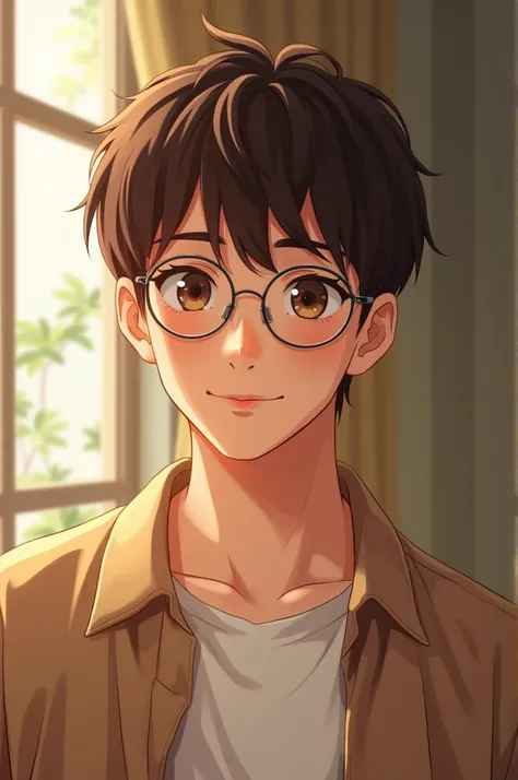 A 18 years old guy, no beard or mustache, brown hair, brow eyes, regular skin colour, smiling softly, soft attitude, wear rounded glasses, hes looking randomly