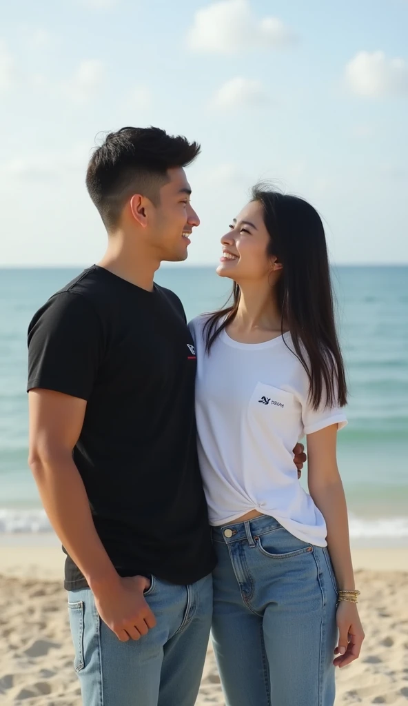 image of a couple young asian man aged 30 years, face slim,  wearing a black t-shirt with a logo, jeans, dating a woman aged 25 years wearing a white t-shirt with a logo, jeans, huge,  beach background