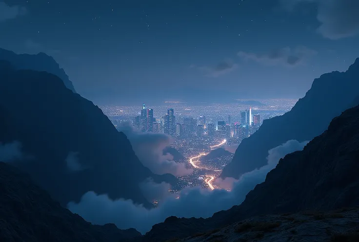 Night view of the city seen from deep in the mountains