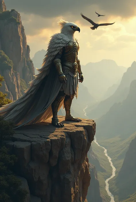 "A humanoid eagle warrior standing on a high cliff, overlooking a vast valley. The character has a sharp eagles head with piercing eyes, wearing armor inspired by ancient Greek designs. Feathers adorn the outfit, and eagles soar in the background. The sky ...