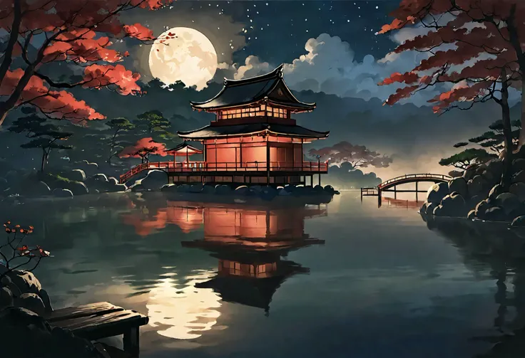 The Shrine Reflects on the Lake , Artwork inspired by Kano Hogai , ArtStation , Ukiyo-e, Japanese art style, Japanese art, traditional Japanese art, Japan at Night, Traditional Japanese Paintings, old Japanese art, landscape painting, Background artwo...