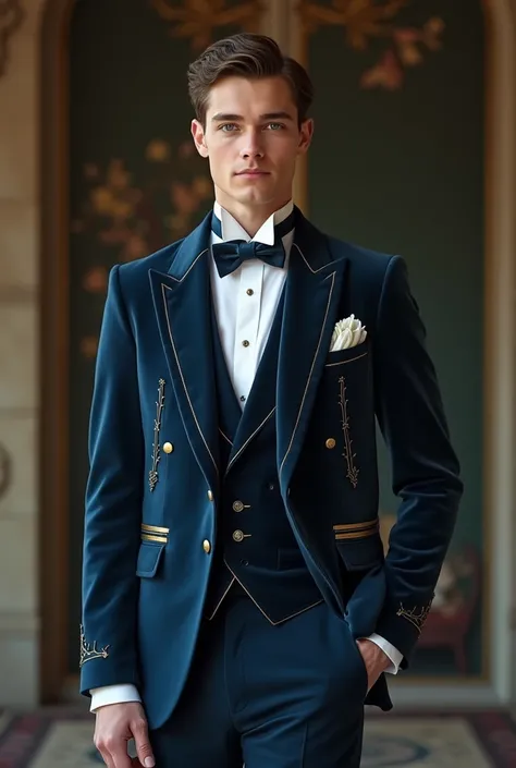 Outfit for a 20 year old MALE who is a slim British aristocrat.
“Well, this design is based on your preference for the color blue. I chose this shade because it’s elegant and not as overt as some of the other blues you’ve worn before. It’s a bit more subtl...