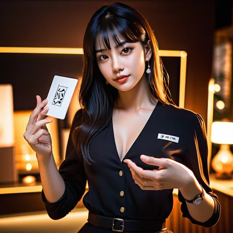 A young woman in a thin bra, perfect large breasts, jet-black straight hair with sharp bangs framing her face. Her right hand is extended toward the viewer, holding a clearly detailed "AA" card. The card and her hand are in sharp focus, revealing her intri...