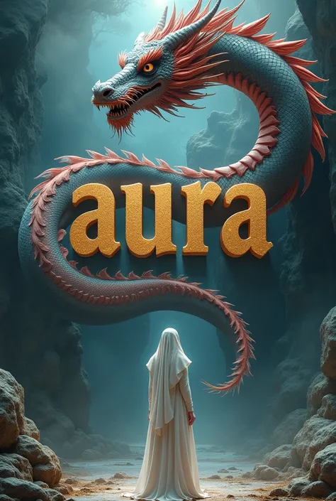 This image features the three-dimensional text “AURA” with bold gold-colored letters in the center. Behind the text,  there is a dragon in gray , red,  and blue sneakers that circle around the text and go beyond its limits .  This dragon has an intricate d...