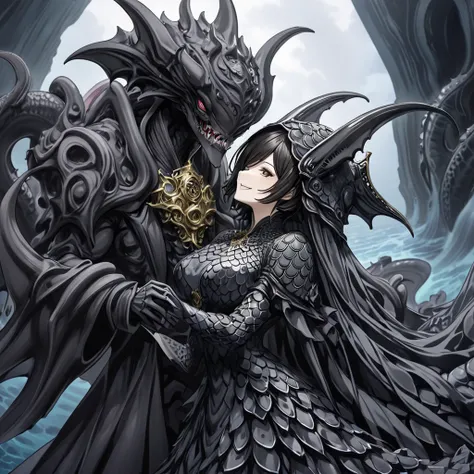 (( top quality)), ((masterpiece)), ( Details), （ perfect face）、The woman of Princess Dagon, who is Mikasa Ackerman, is Mikasa Ackerman, a family member of Dagon who has grown Ella wearing a fish scale dress and a tentacle veil from the Deep Sea and has han...