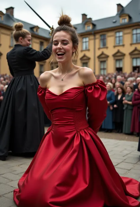 (realistic photograph close up victorian) (POV birds eye view sideways), (a big bust slender waist beautiful smiling kneeling hot lady with (messy hair bun)), (she is wearing (an exaggerated elaborate shiny red silk tight high round neck dress with (long e...