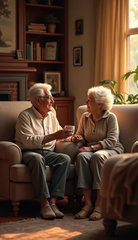 A contrasting scene showing an elderly couple in a cozy, well-decorated living room, enjoying their golden years together, with soft lighting and warm colors, symbolizing the shift in demographics towards an aging population."