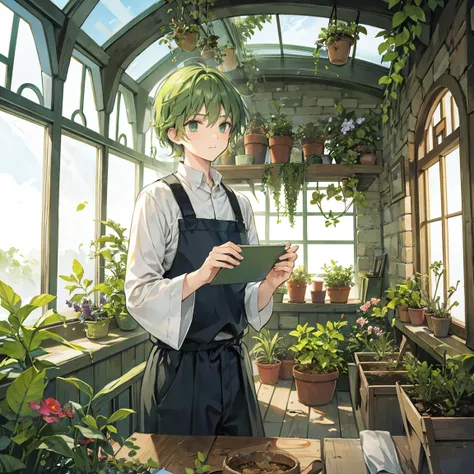 The short-haired wizard man with green hair is growing medicinal herbs in his greenhouse
