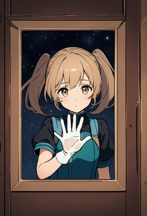 atmospheric art, in a room, looking out a large window, , moonlight (blue)glow,Atmosphere, hand on the glass,night, ship in space, dark, room, girl put one palm on the glass,short blond brown hair, pigtail,dark turquoise uniform, white gloves, light brown ...