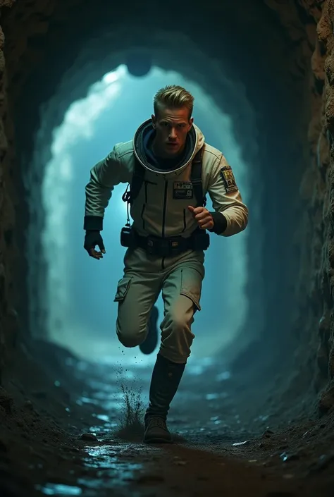 a 23 year-old blond man with short hair wearing hoodie and a laboratory suit runs through a dark tunnel