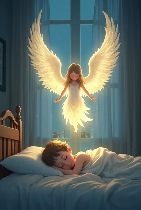 An image of a small boy sleeping in the bed with his angel in his glory chasing away evil spirits 