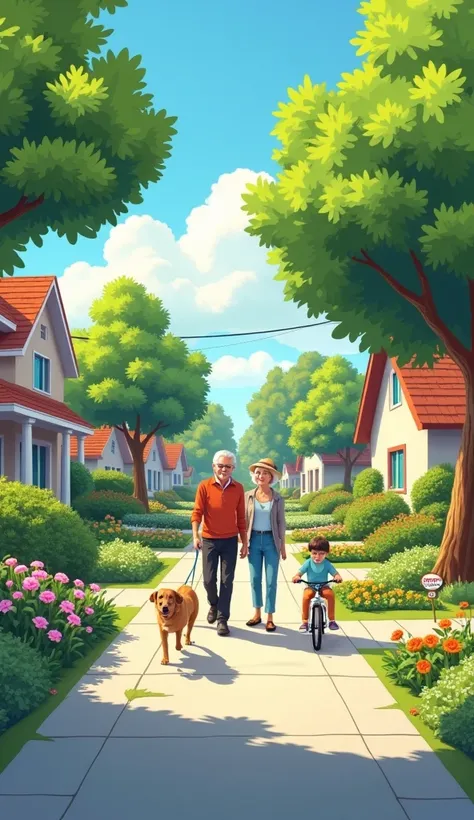 "A street view of a suburban neighborhood with a mix of elderly residents walking dogs, enjoying gardening, and ren riding bikes, showcasing the demographic change as older adults become a more prominent part of society."