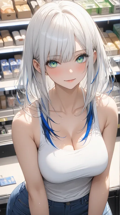 face details,semi realistic, Masterpiece, Master work, perfect , 4k, 1woman, adult woman, full body display mature body, big breast breasts, straight shoulder-length hair, flat bangs hair style, white hair, white colored hair , (((blue streaks - white hair...