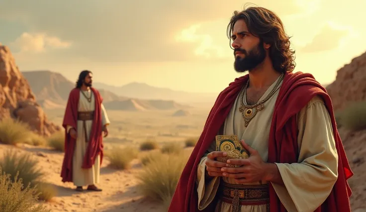  imagine A young man in noble clothes holding a bag of coins, looking at Jesus with a sad face ,  with the background showing a typical Middle Eastern landscape .