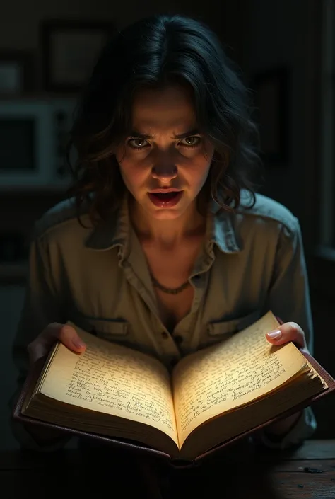 Harris is opening an old book, the words of the letter are clearly visible, and there is a combination of fear and surprise on his face.
