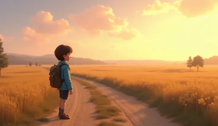 A vast field at dawn,  with a dirt path surrounded by sparse trees. a 30-year-old ,  short brown hair , wearing blue jacket and backpack , observe the horizon.  Sunlight gently touches her face .  high definition image , disney pixar style.English: A vast ...