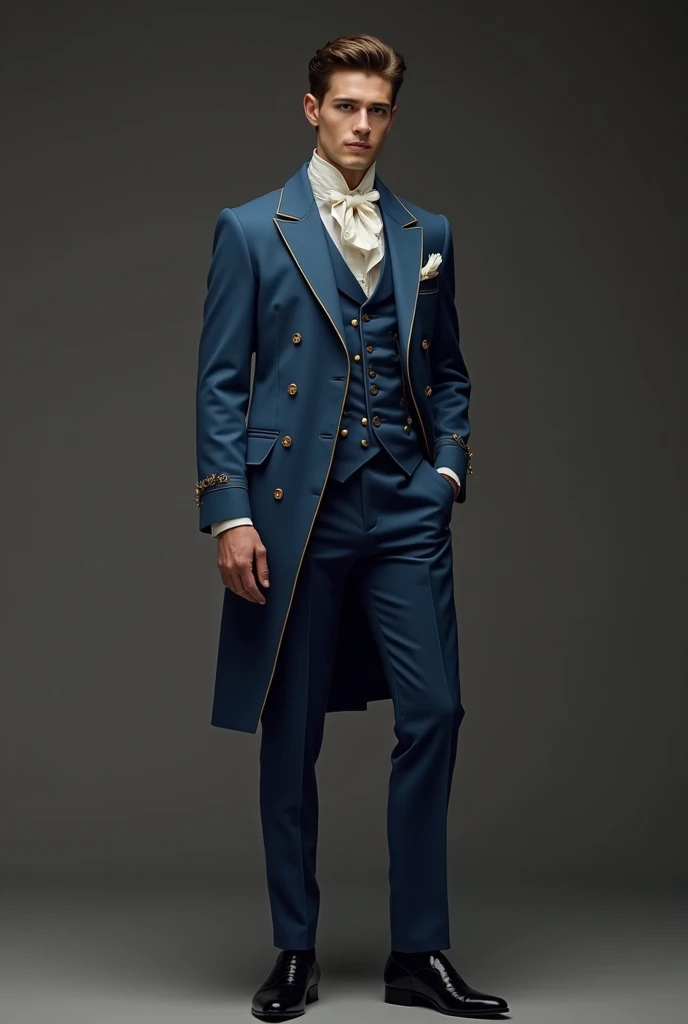 Outfit for a 20 year old MALE who is a slim British aristocrat.
“Well, this design is based on your preference for the color blue. I chose this shade because it’s elegant and not as overt as some of the other blues you’ve worn before. It’s a bit more subtl...