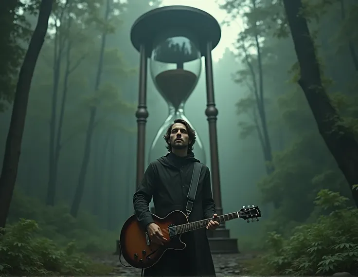 a man with a electric guitar in his hands standing in front of huge hourglass in a forest, cinematic dark mood, detailed face, hyperrealistic, dramatic lighting, moody atmosphere, muted color palette, intricate details, digital art, highly detailed, photor...