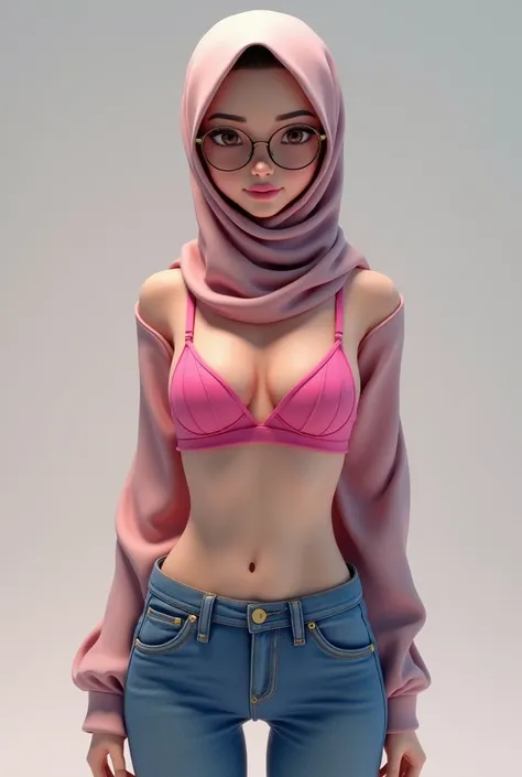 3d ai anime wear hijab wear tight blue jeans wear pink bra wear glasses looking from above 