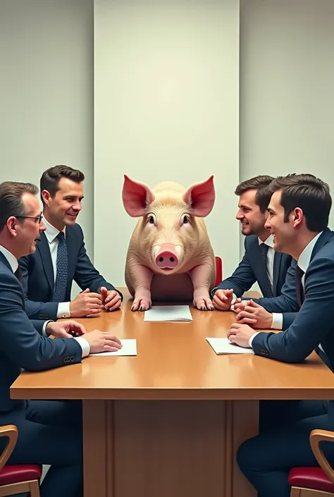 Fais une image montrant des hommes de bureau assis autour dune table à manger avec un gros porc poser sur leur table