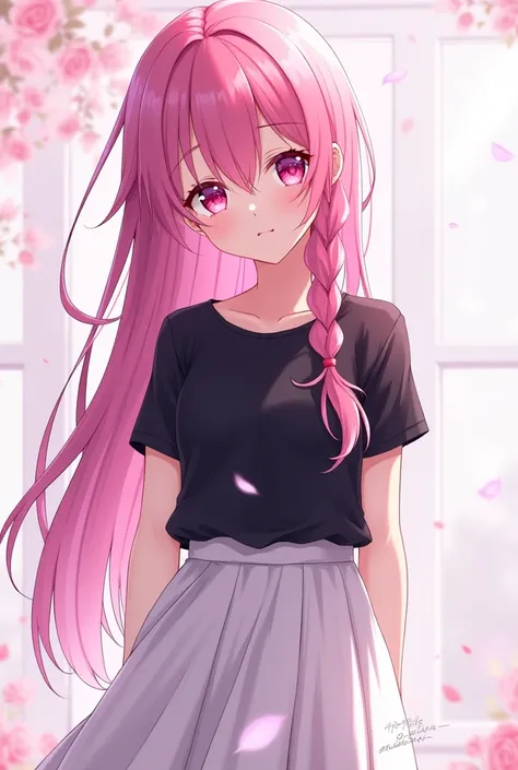  high resolution ,  better quality , anime, pink hair braided on the sides ,  pink eyes , wearing a black t-shirt and a long white skirt