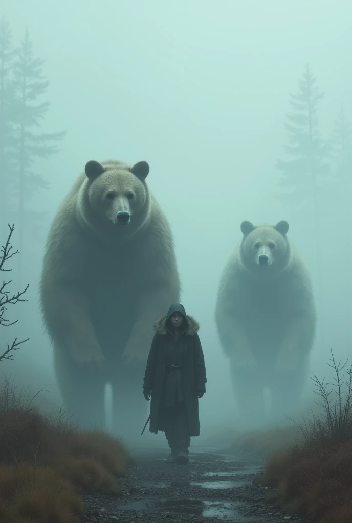 Ghosts of two gigantic bears accompany a villager in the midst of the fog