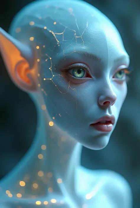 A male Sirian alien captured in stunning detail, focusing on their delicate, otherworldly facial features, glowing light-blue skin, and intricate patterns that pulse faintly with a soft, golden light.