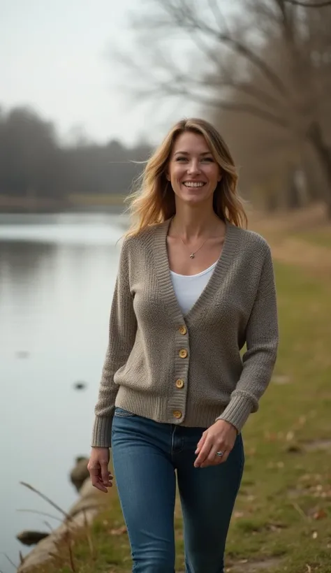 A 36-year-old woman walking along a serene riverbank, dressed in a buttoned-up cardigan.