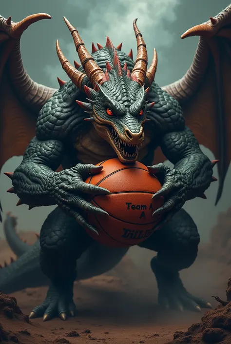 An 8-headed dragon with a basketball that says team A and that looks aggressive
