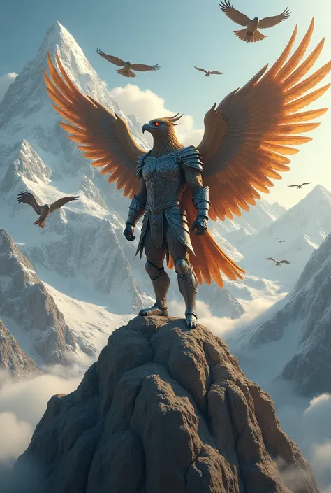 "A humanoid falcon warrior perched on a mountain peak. The character has a falcons head with sharp features, wearing winged armor with metallic details. The sky is filled with other falcons, and the sunlight reflects off the armor, creating a heroic and ep...