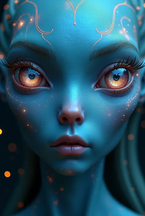 A captivating close-up of a men Sirian alien with radiant, metallic blue skin, large reflective eyes that shimmer with unseen galaxies, and softly glowing markings suggesting an advanced, peaceful nature.