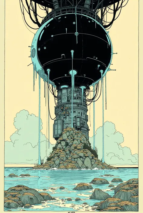   etching inspired by moebius paintings,    Mobius Inspired Concept Art 。 there is a big black object in the water、 lots of water coming out of it, Reddit,  letters , Flooded Tower ,  Vast Floating Castle ,  Flooded Ancient Tower , kaiju-eiga, Nier:Automat...