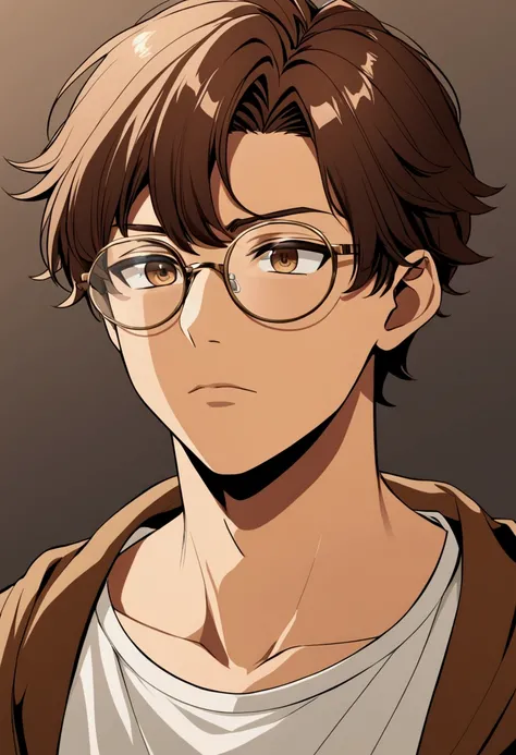 18 years old guy, brown hair and eyes, medium tone of skin colour, wear rounded glasses, looking down, anime style