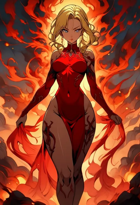 Anime style, a beautiful hot blonde woman in a long red dress that fits tightly to her body with a side opening showing her thigh, walking through intense fire, athletic body, wide hips and thin waist