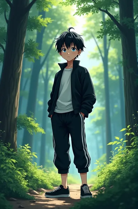 Black-haired anime boy ,  fair skin , deep and bright blue eyes , white shirt,  black pants with two white stripes coming from the horizontal,  black shoes and a black jacket in a forest 