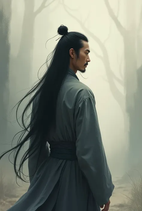 Chinese Middle age man alone long hair facing back