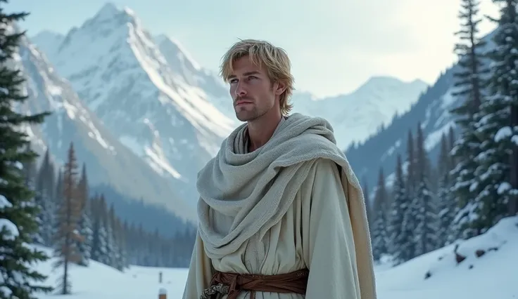 A fair-skinned man with light blond or brown hair and a tall, lean physique, wearing simple ancient robes. He is shown in a snowy or mountainous backdrop with pine trees, symbolizing Europe and East Asia. He has a gentle but determined look, representing c...