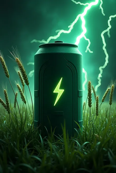 Battery ,  dark green energy cell with lightning logo in the center . Around electric rays and wheat grass   . 