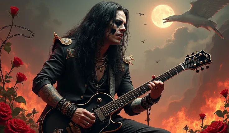 A male rock band singer with long black hair and a skull. He plays guitar and sings with the gods. In Paradise, the tag name
GUREE is placed in a large, stylish design at the top. Red roses, fire, and barbed wire are added.