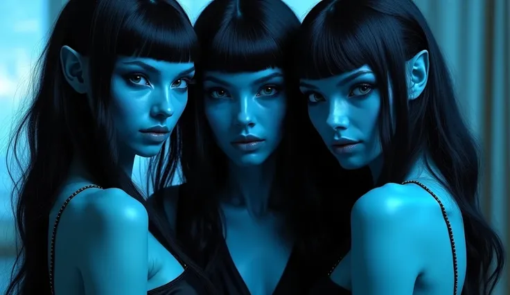 three sexy beautiful blue alien girls with long hair with bangs. in black silk dress. close picture sexy