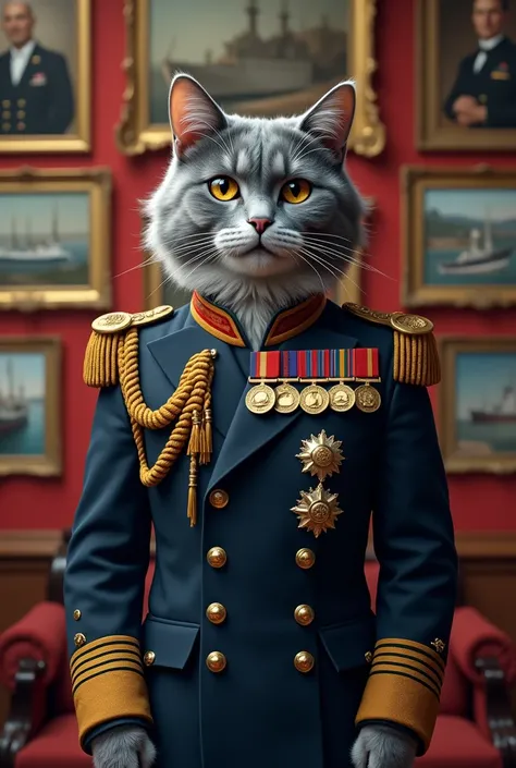 Draw a bicolor blue cat with brown eyes wearing an admirals uniform with a chest full of medals in a ceremonial hall with photos of ships and officers