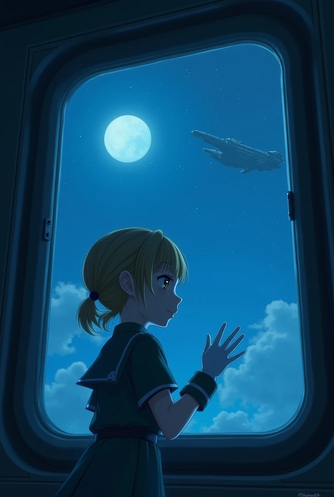 
 
atmospheric art, in a room, looking out a large window, , moonlight (blue)glow,Atmosphere, hand on the glass,night, ship in space, dark, room, girl put one palm on the glass,short blond brown hair, pigtail,dark turquoise uniform, white gloves, light bro...