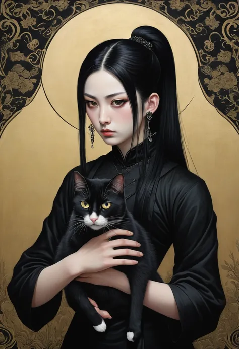 a girl with unforgiving eyes and a cat in her arms, girl in black barlot dress, metal earrings, double ponytail and shoulder-lenght black straight hair, gothic dark style, surrealist animal illustration, Meiji art, black painting, rich layers, realistic fu...