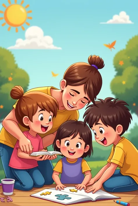 "A cheerful banner showing a family engaging in fun and educational activities, such as reading, painting, and solving puzzles. The parents are actively participating in the rens learning process. Bright, playful colors dominate the banner, making it livel...