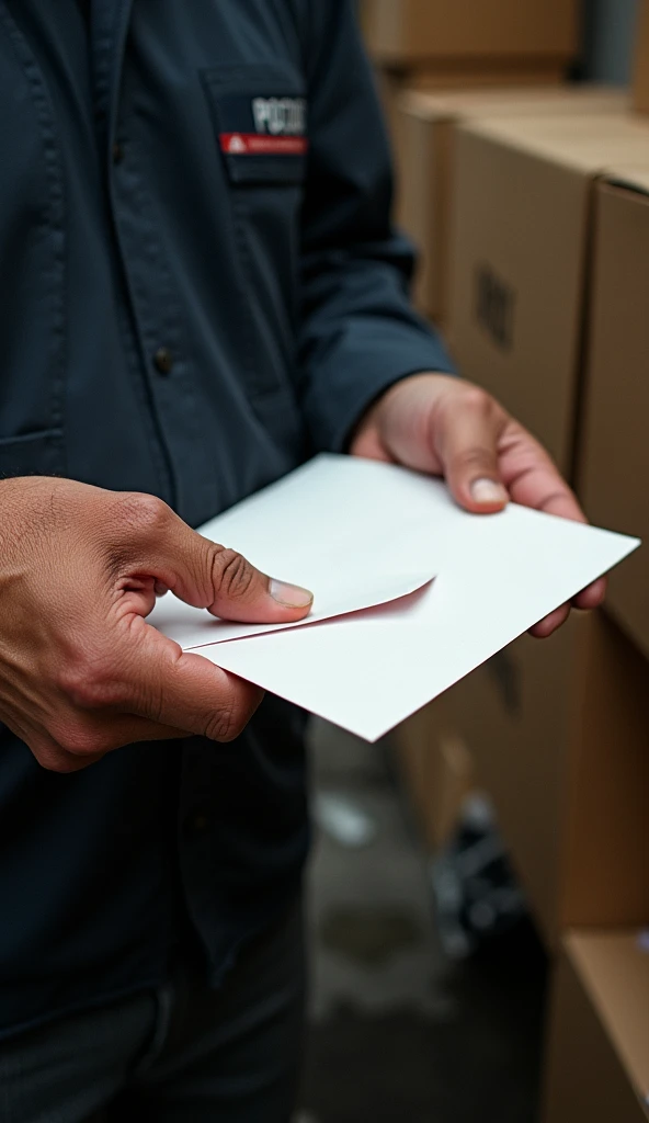 Some postmans hands holding an envelope. 