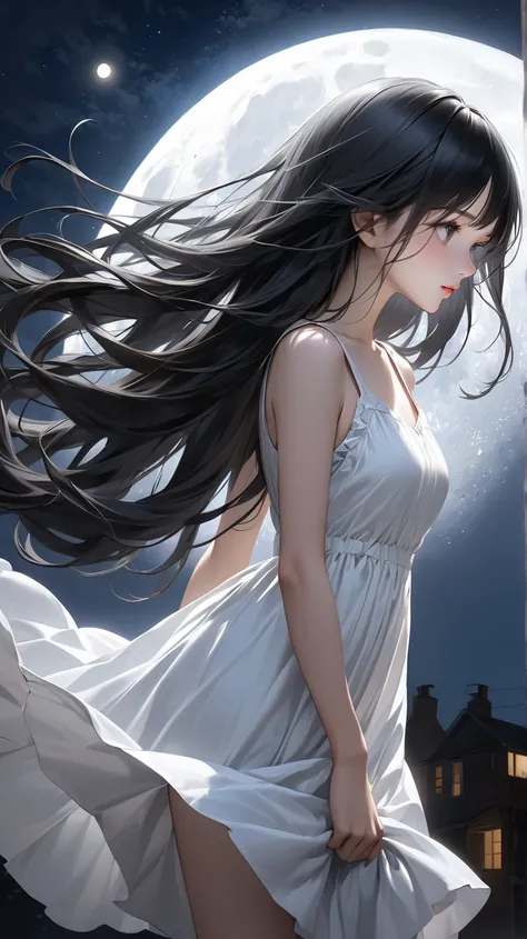 Ultra-realism White Dress Black Hair , long hair,  Less Exposure Reach for the Moon in the Moonlight