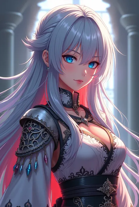 An anime girl with long silver hair and red tips with blue eyes wearing a battle dress