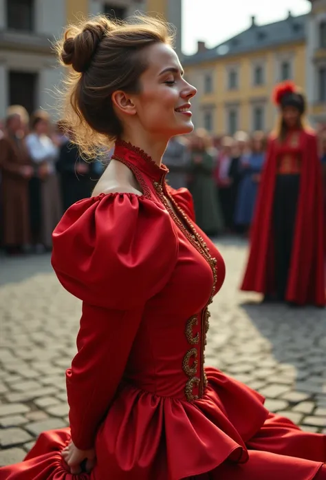 (realistic photograph close up victorian) (birds eye view, sideways), (a big bust slender waist beautiful smiling kneeling hot damsel with (messy hair bun)), (she is wearing (an exaggerated elaborate shiny red silk round high neck dress with (long extremel...