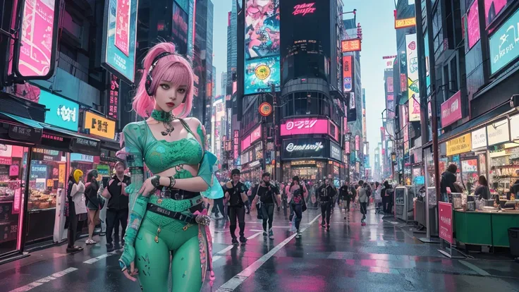  Masterpiece,   top quality , Cyberpunk Girl ,  fancy dress inspired by Harajuku ,  striking colors and patterns ,  eye-catching jewelry ,  fashionable and innovative hair styles ,  bright makeup ,Feeling sad. Cyberpunk, amazing cityscape,  skyscrapers , N...